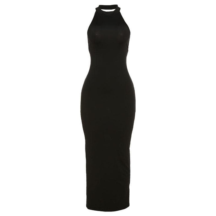 Halter backless slit solid sleeveless hollow out cut out maxi dress