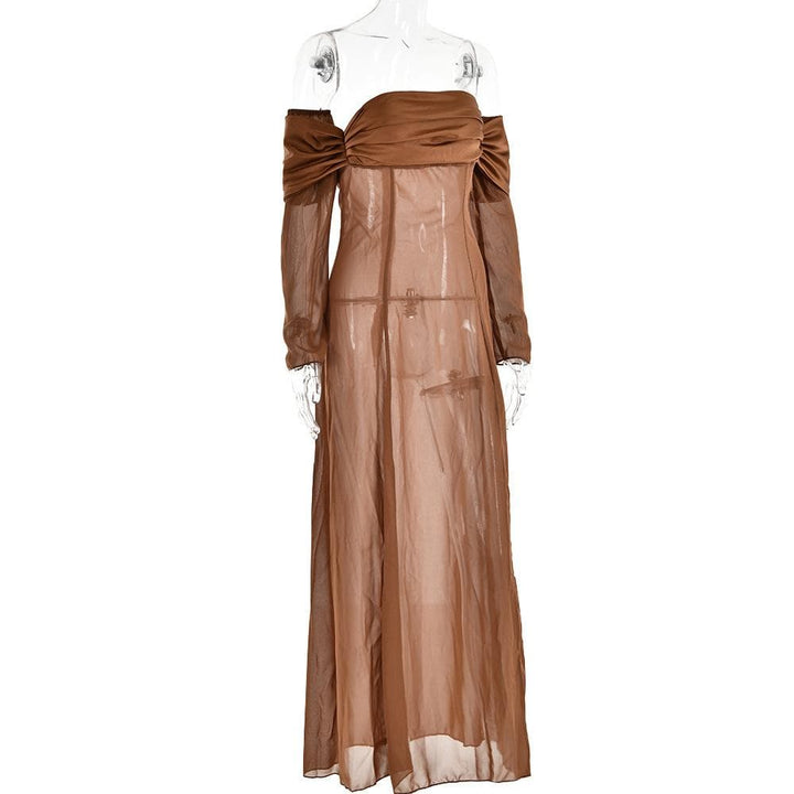Long sleeve off shoulder ruched see through mesh maxi dress- Final Sale  | Festival Outfits Women