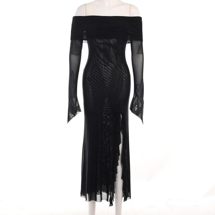 Off shoulder slit sheer mesh see through long sleeve maxi dress - Final Sale