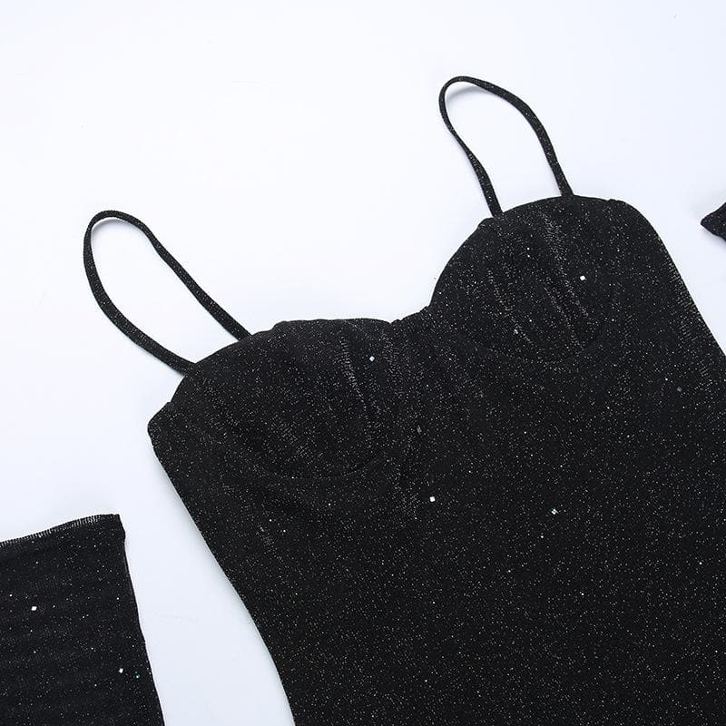 Gloves solid beaded slit sweetheart neck cami mini dress