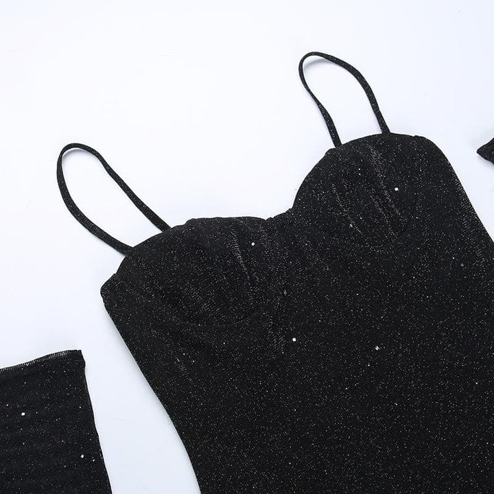 Gloves solid beaded slit sweetheart neck cami mini dress