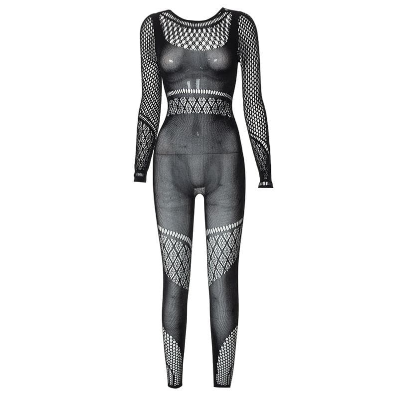 Hollow out solid fishnet long sleeve jumpsuit  | Festival Outfits Women