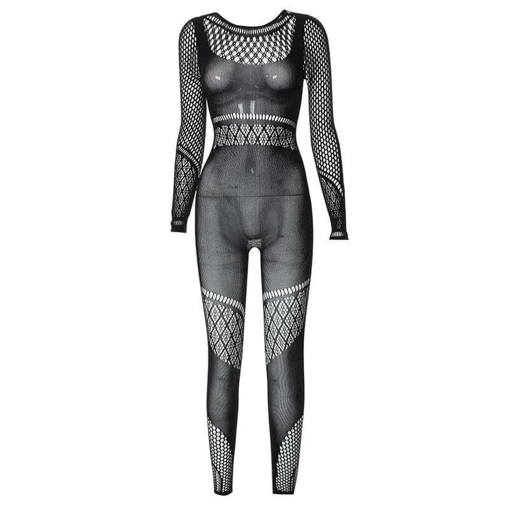 Hollow out solid fishnet long sleeve jumpsuit  | Festival Outfits Women