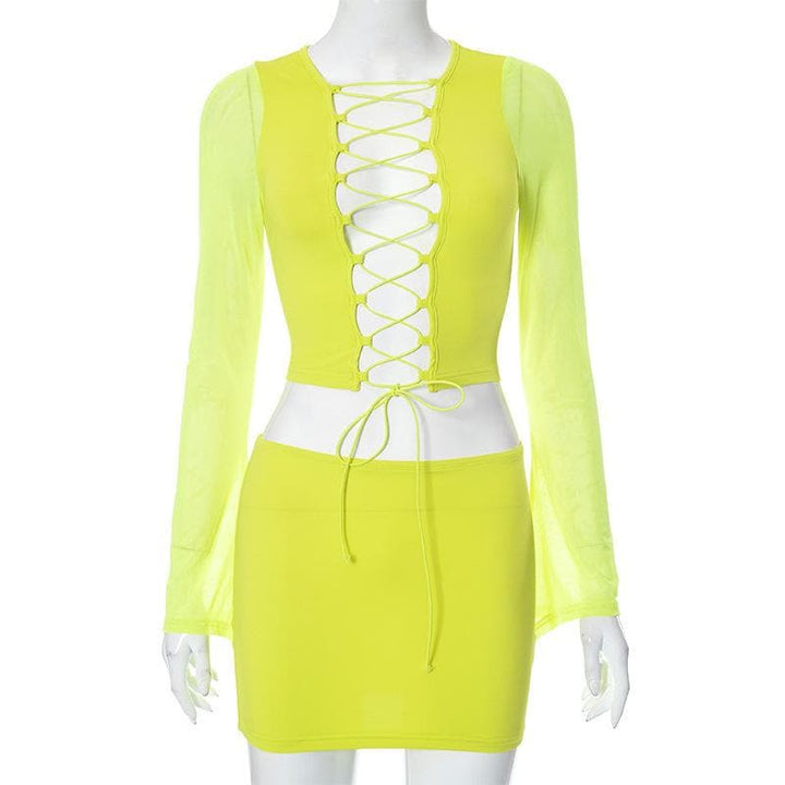 Long sleeve hollow out lace up mesh mini skirt set