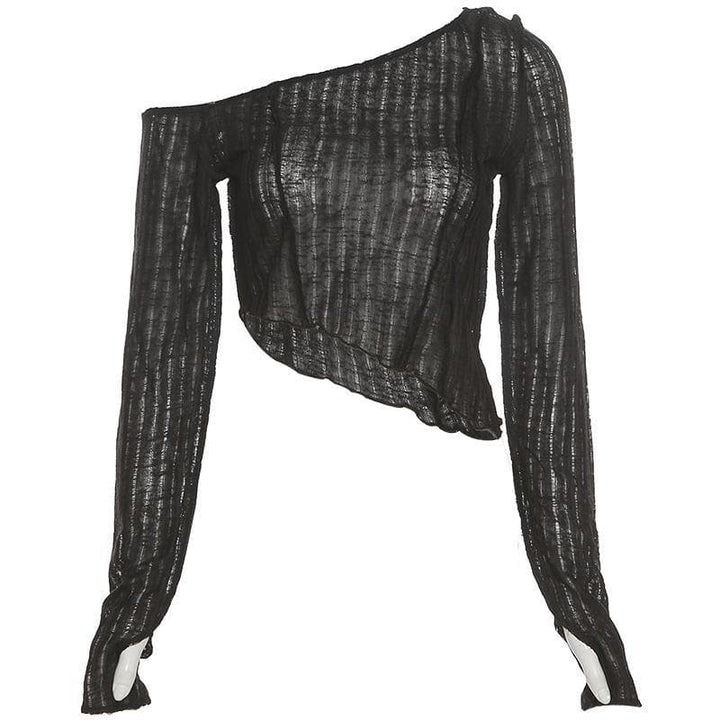 Long sleeve one off shoulder see through ruffled top - Halibuy