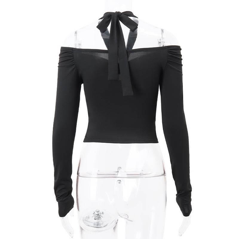 Long sleeve off shoulder halter ruched backless solid hollow out cut out top  | Festival Outfits Women