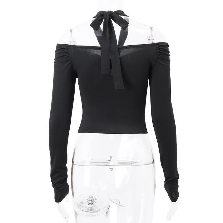 Long sleeve off shoulder halter ruched backless solid hollow out cut out top  | Festival Outfits Women