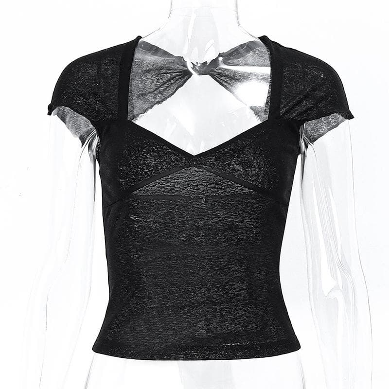 V neck hollow out knotted short sleeve low cut backless crop cut out top