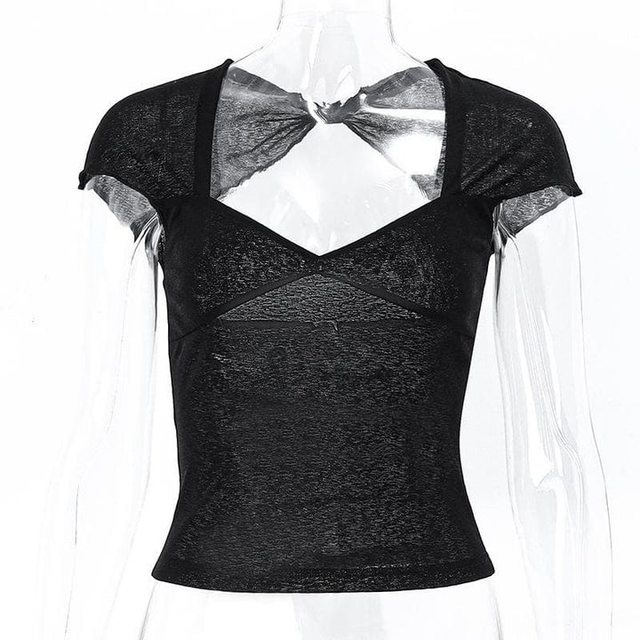 V neck hollow out knotted short sleeve low cut backless crop cut out top