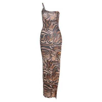 One shoulder slit leopard maxi dress - Halibuy