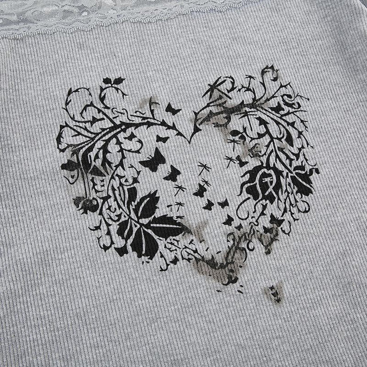 Long sleeve off shoulder ribbed heart pattern lace hem top  | Festival Outfits Women