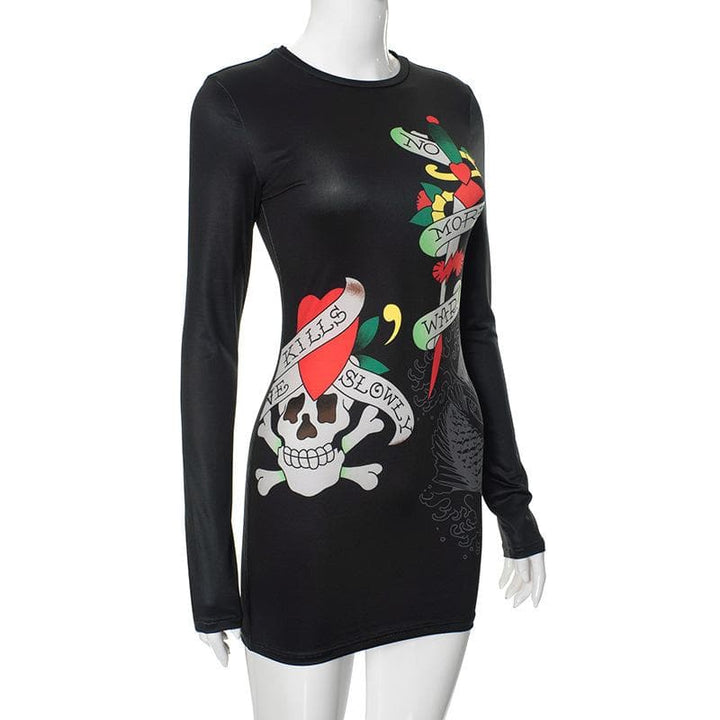 Abstract contrast long sleeve crewneck mini dress  | Festival Outfits Women