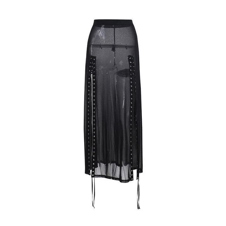 Sheer mesh see through lace up slit solid maxi skirt-final-sale