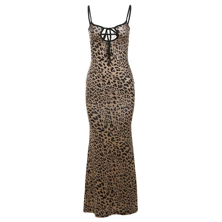 Leopard print hollow out backless cami cut out maxi dress  | Festival Outfits Women