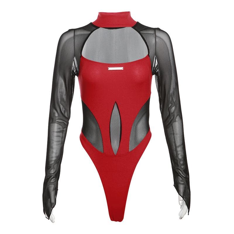 Hollow out mesh patchwork long sleeve contrast bodysuit  | Festival Outfits Women