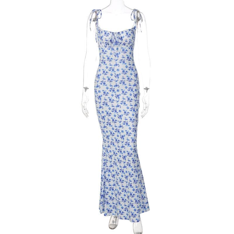 Flower print self tie backless mermaid hem maxi dress