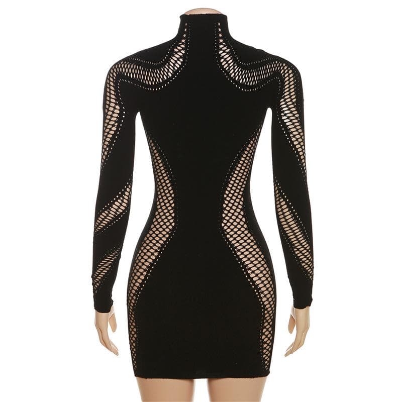 Hollow out solid long sleeve fishnet high neck cut out mini dress-final-sale