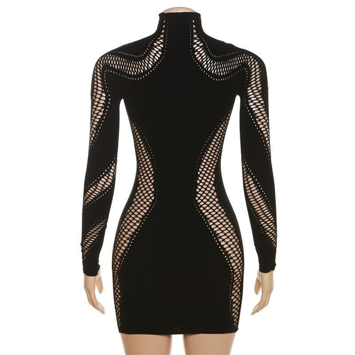 Hollow out solid long sleeve fishnet high neck cut out mini dress-final-sale