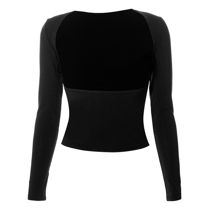 Hollow out solid long sleeve backless cut out top-final-sale