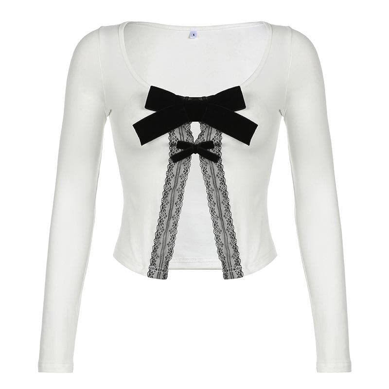 Long sleeve bowknot lace hem u neck slit top  | Festival Outfits Women