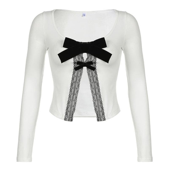 Long sleeve bowknot lace hem u neck slit top  | Festival Outfits Women