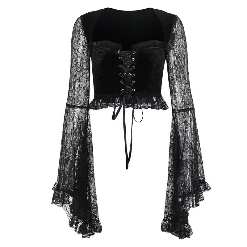 Long flared sleeve velvet lace patchwork ruffle lace up crop top  | Festival Outfits Women