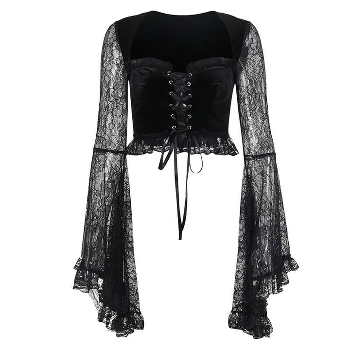 Long flared sleeve velvet lace patchwork ruffle lace up crop top  | Festival Outfits Women