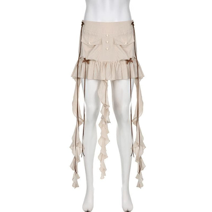 Ruffle ribbon zip-up bowknot button pocket mini skirt  | Festival Outfits Women
