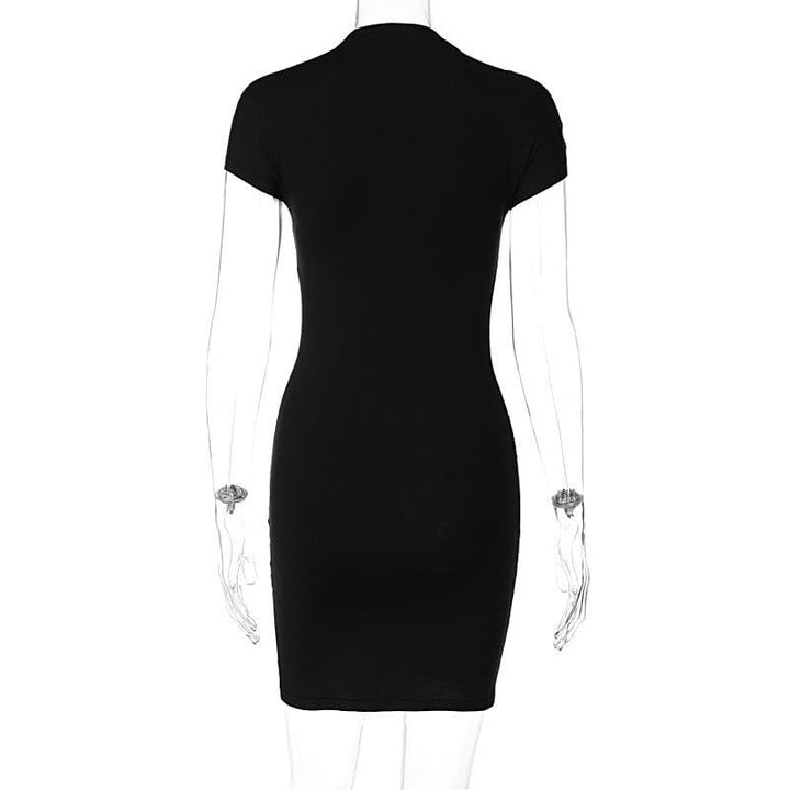 Short sleeve crewneck beaded high neck solid mini dress-final-sale