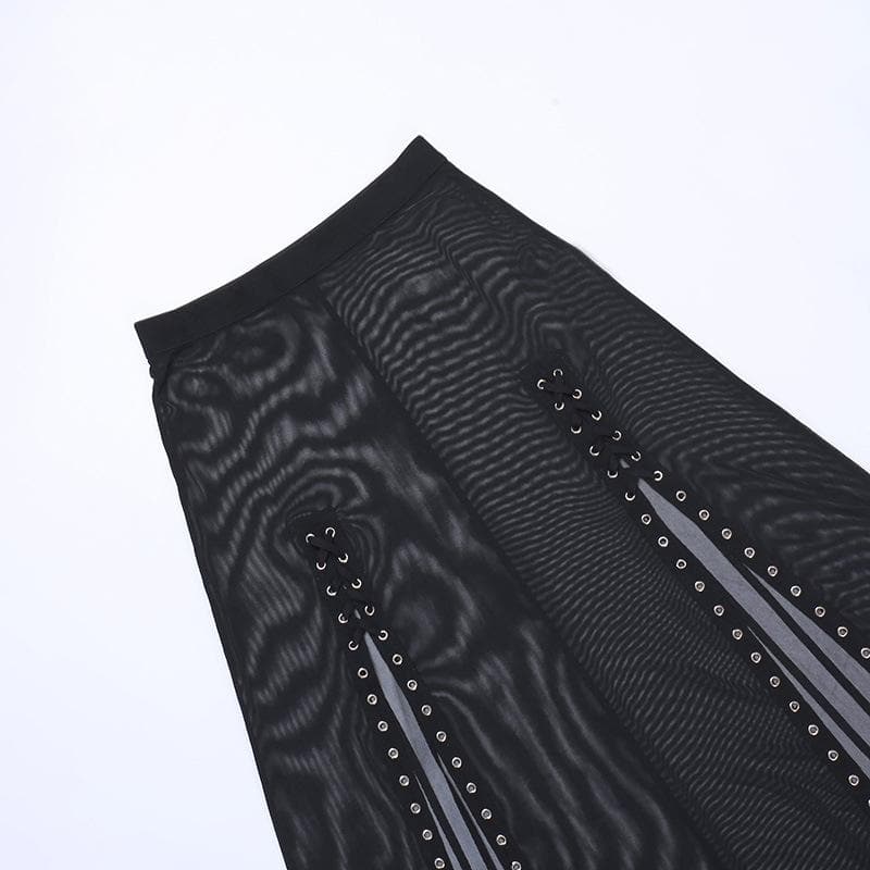 Sheer mesh see through lace up slit solid maxi skirt-final-sale