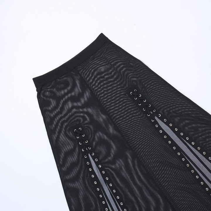 Sheer mesh see through lace up slit solid maxi skirt-final-sale
