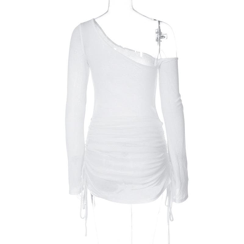 Long sleeve one shoulder drawstring ruched mini dress  | Festival Outfits Women