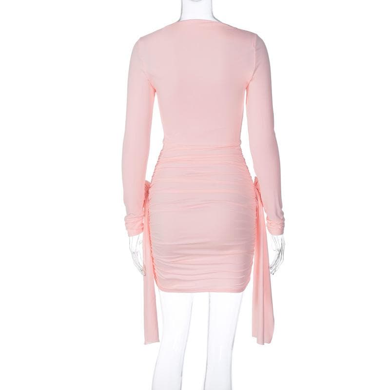 pink ruched dress long sleeve Flower applique solid long sleeve ruched ribbon mini dress – Halibuy