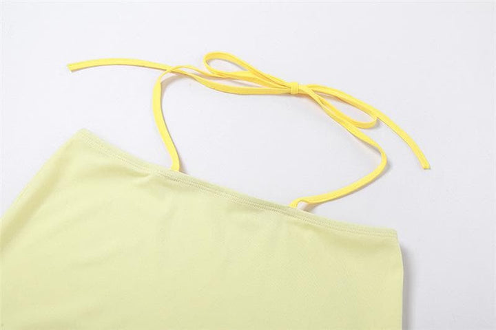 Solid irregular drawstring self tie backless flared sleeve skirt set