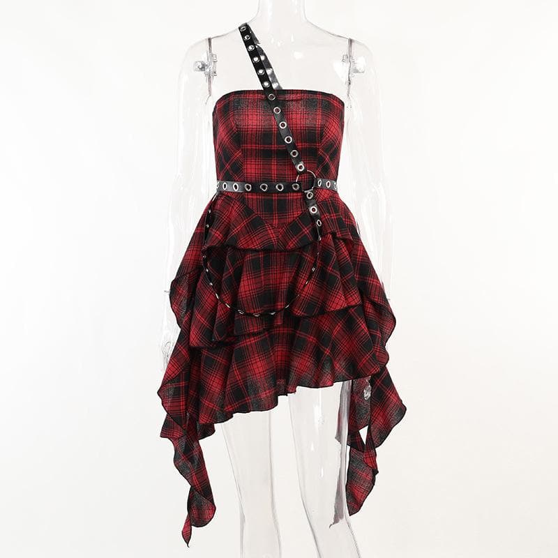 Ruffle plaid zip-up irregular one shoulder backless mini dress | victorian gothic dresses