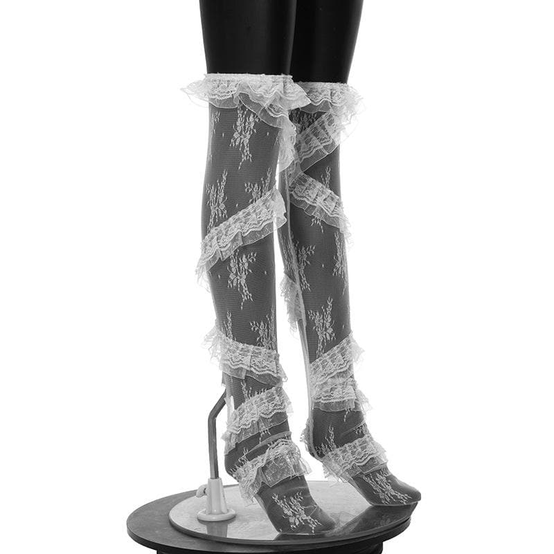 Lace ruffle solid stitch thigh high socks  | Festival Outfits Women