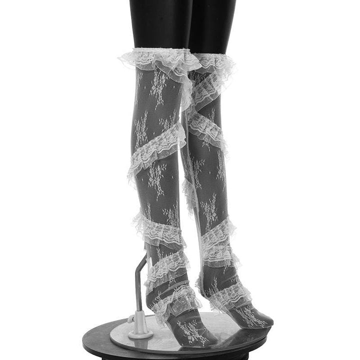 Lace ruffle solid stitch thigh high socks  | Festival Outfits Women