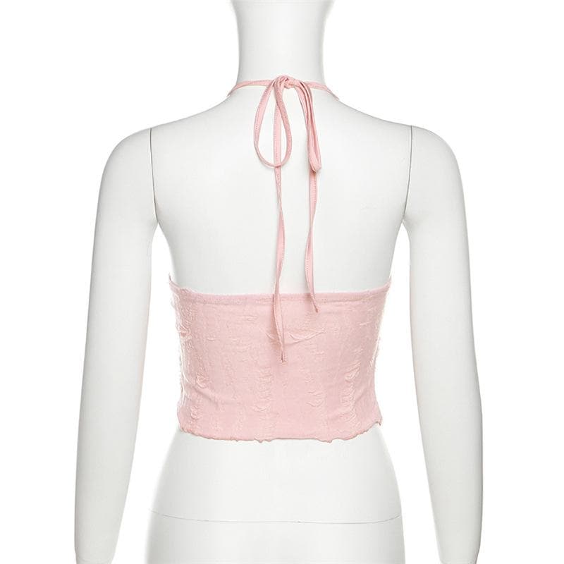 Halter self tie v neck textured knotted slit crop top