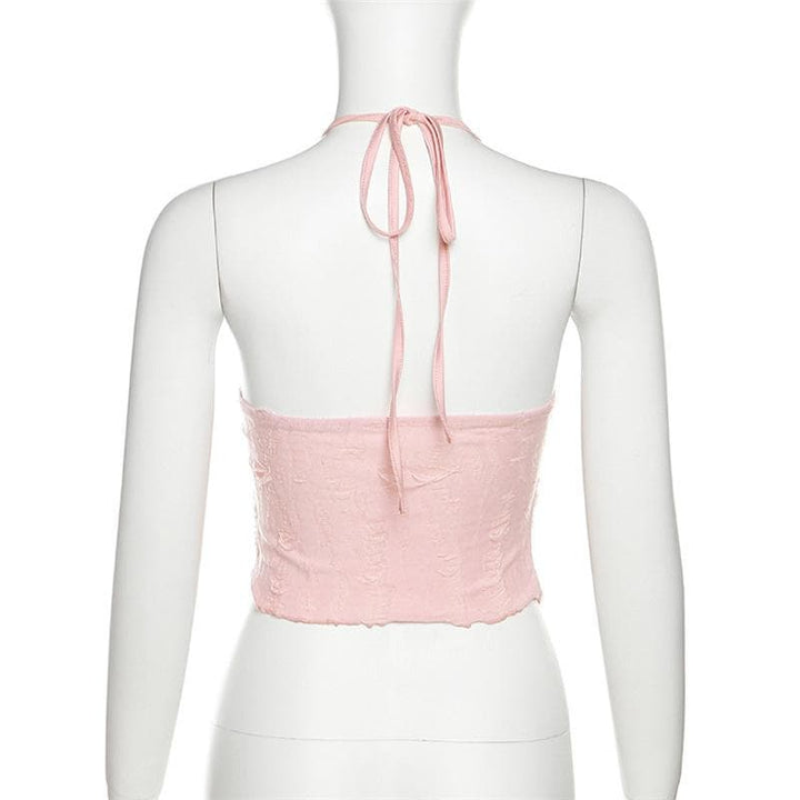 Halter self tie v neck textured knotted slit crop top