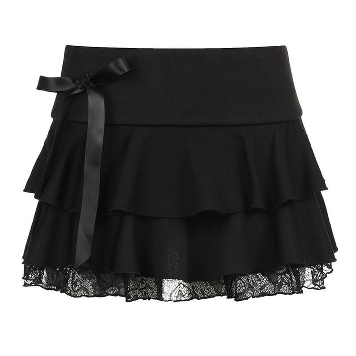 Bowknot solid ruffle lace hem low rise mini skirt  | Festival Outfits Women