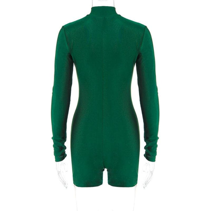 Zip-up solid long sleeve high neck romper  | Festival Outfits Women