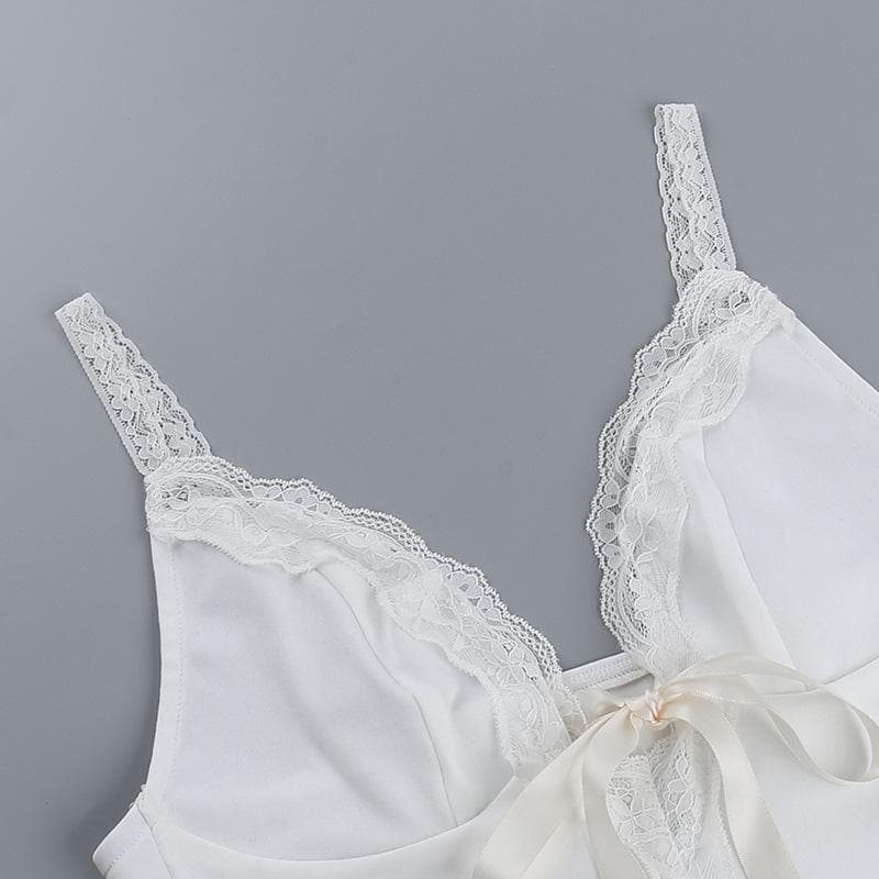 V neck lace hem backless bowknot ribbon crop cami top  | Festival Outfits Women