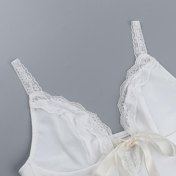 V neck lace hem backless bowknot ribbon crop cami top  | Festival Outfits Women