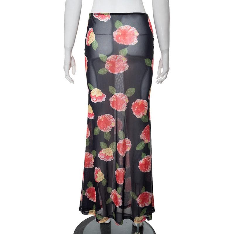 Sheer mesh flower print contrast maxi skirt  | Festival Outfits Women