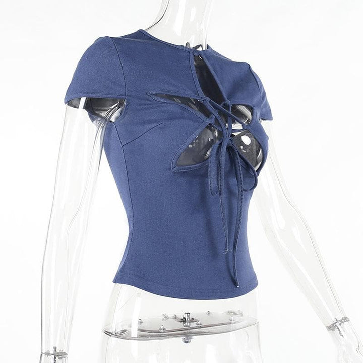 Short sleeve crewneck hollow out denim self tie cut out top  | Festival Outfits Women