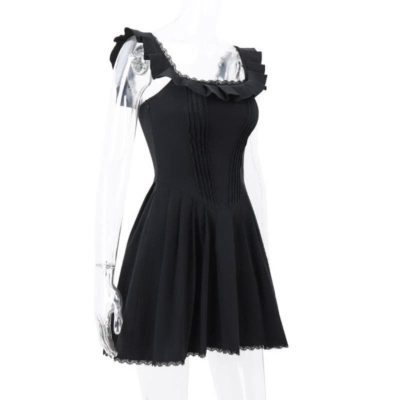 Cap sleeve square neck ruffle pleated solid zip-up mini dress