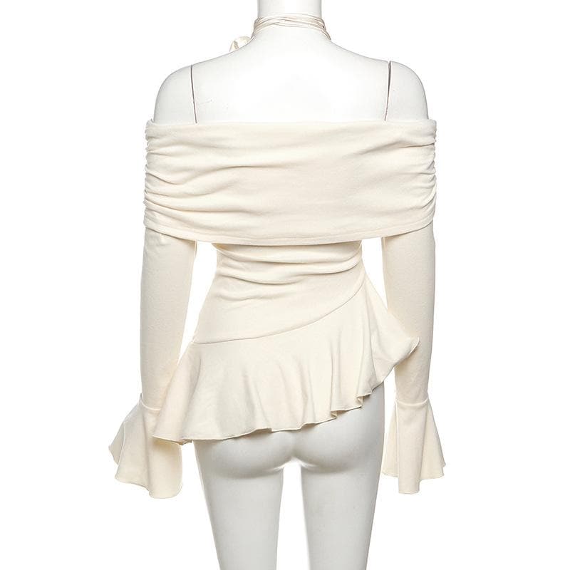 Off shoulder ruffle flower applique long flared sleeve ruched top  | Festival Outfits Women