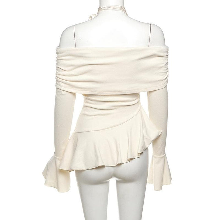 Off shoulder ruffle flower applique long flared sleeve ruched top  | Festival Outfits Women