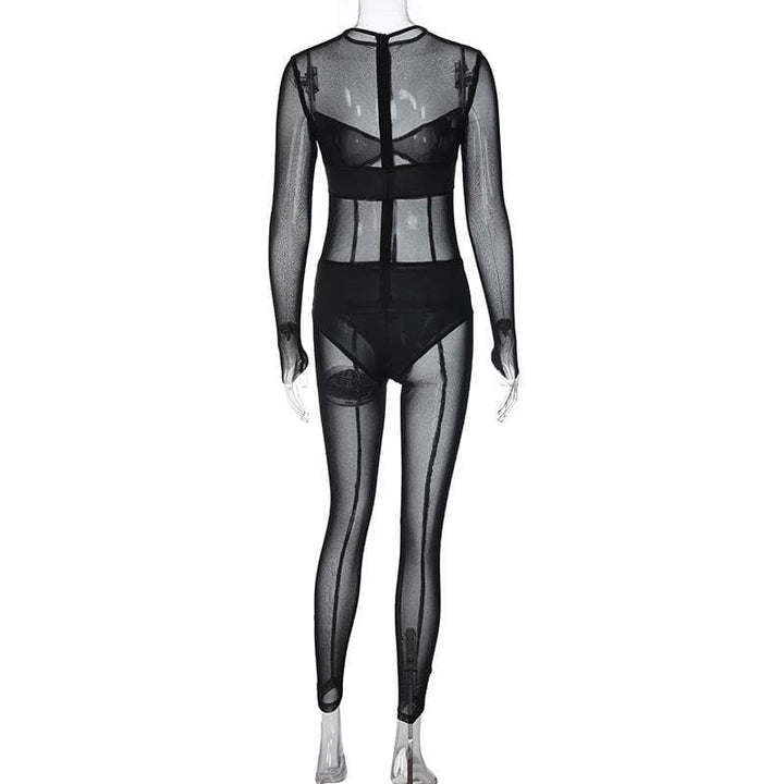 Mesh patchwork zip-up solid long sleeve jumpsuit  | Festival Outfits Women