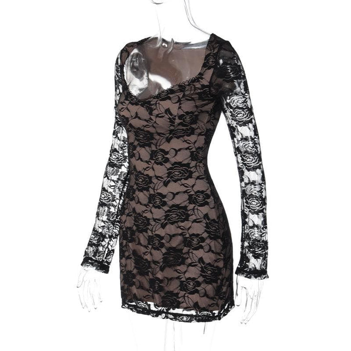 Long sleeve v neck lace contrast patchwork mini dress  | Festival Outfits Women